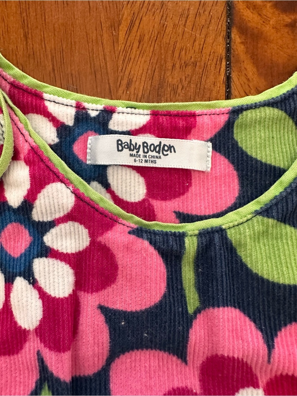 Baby Boden Navy Pink Floral Corduroy Dress with Green Buttons - Picture 2 of 2